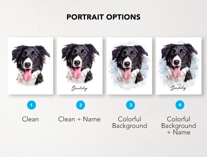 May include: Four portrait options for a pet portrait. The first option shows a black and white dog with a white background. The second option shows the same dog with a white background and the name "Buddy" written below. The third option shows the dog with a blue and white watercolor background. The fourth option shows the dog with a blue and white watercolor background and the name "Buddy" written below.