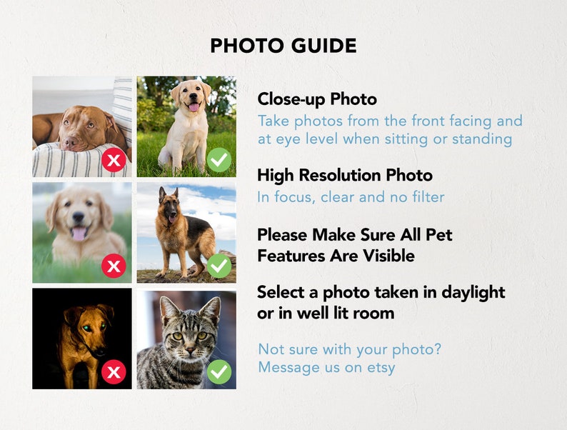 May include: A photo guide with examples of good and bad photos for pet portraits. The guide shows examples of photos that are too dark, blurry, or not taken from the front. It also shows examples of photos that are well-lit, in focus, and taken from the front.