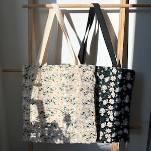 Schwarz-Weiß-Gänseblümchen-Stickerei, Blumeneinkaufstasche mit versteckten Taschen und zwei Griffen | Strapazierfähige Leinwand | Frühling Geschenk für Sie | Geburtstag