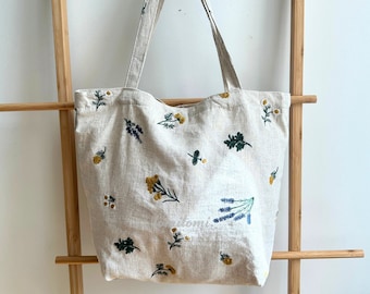 Bolso de mano floral bordado boho con diseño de margarita y lavanda - bolsillo interior oculto - mezcla de algodón y lino - regalo para ella