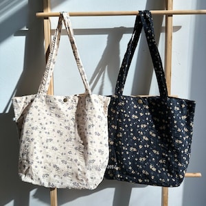 Floral Delight Tote Bag | Elegant Black & Beige Design with Purple Blooms | Perfect for Work School Everyday Chic | Gift for Her｜Spring Gift