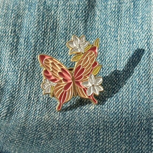 Floral Butterfly Enamel Pin: Pink & Gold Nature Accessory