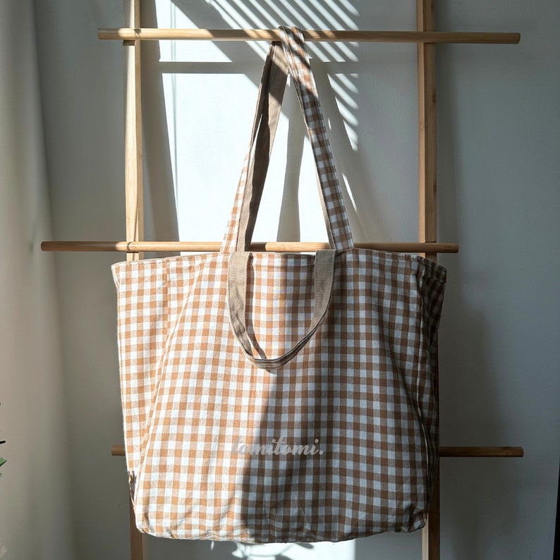 Reversible Canvas Tote Bag | Gingham and Solid Colors in Pink, Green, Cocoa | Spacious Weekend Bag | Beach Bag | Gift for Her | Summer Gift