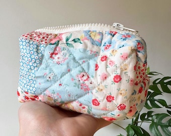 Quilted Patchwork Pouch | Ditsy Rose Floral, Cottagecore Mini Zip Coin Purse