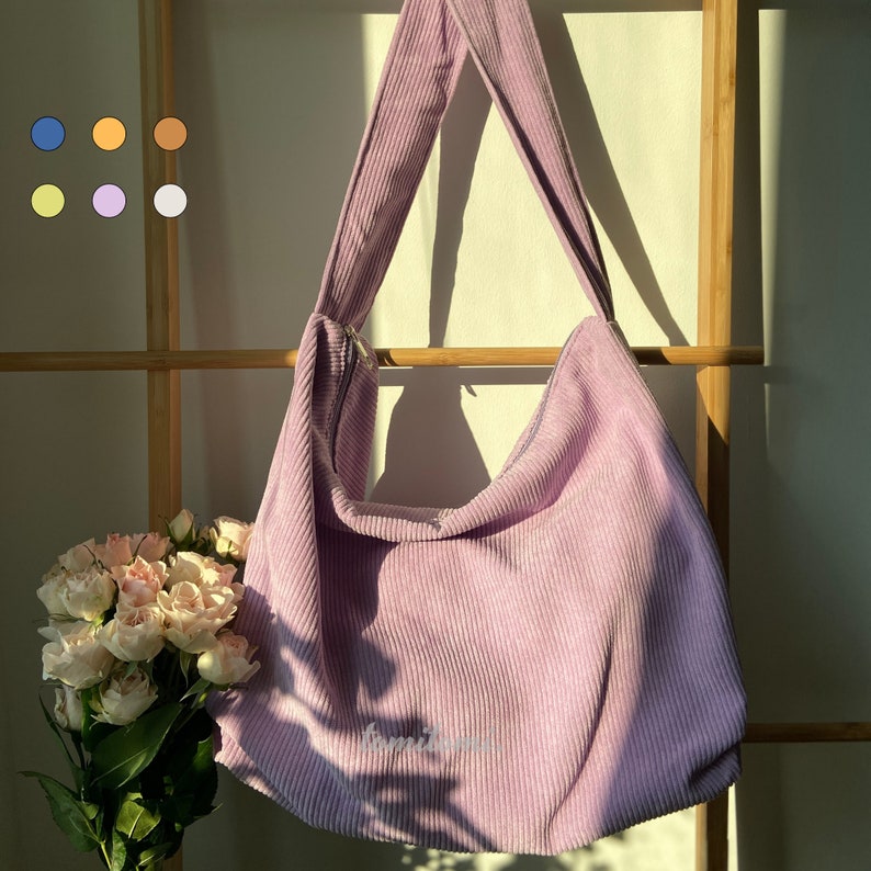 Cute Corduroy Tote Bag with Zipper and Inner pocket Retro tote bag Capsule Wardrobe Multiple Colors Wedding Gift For Her & Mom image 3