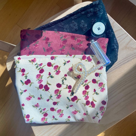 Vintage Rose Corduroy Makeup Pouch: Embroidered Cosmetic Bag UK