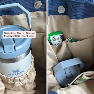 May include: A blue corduroy tote bag with a beige interior lining, featuring an elastic inner sleeve designed for large water bottles. The bag includes multiple interior pockets, a magnetic snap closure, and a light blue water bottle with a handle.
