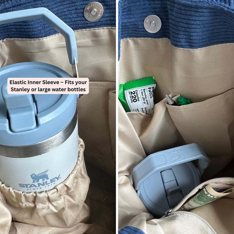 May include: A blue corduroy tote bag with a beige interior lining, featuring an elastic inner sleeve designed for large water bottles. The bag includes multiple interior pockets, a magnetic snap closure, and a light blue water bottle with a handle.