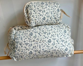 Quilted Makeup Bag Set | Blue Floral Cotton Pouch, Vintage Travel Organizer with Zipper