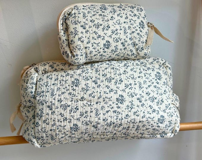 Quilted Makeup Bag Set | Blue Floral Cotton Pouch, Vintage Travel Organizer with Zipper