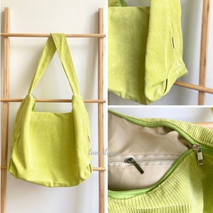 Cute Corduroy Tote Bag with Zipper and Inner pocket Retro tote bag Capsule Wardrobe Multiple Colors Wedding Gift For Her & Mom Lime