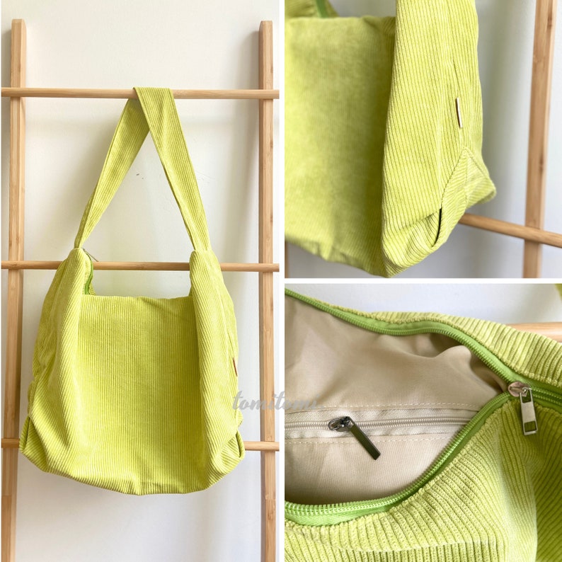 Cute Corduroy Tote Bag with Zipper and Inner pocket Retro tote bag Capsule Wardrobe Multiple Colors Wedding Gift For Her & Mom Lime