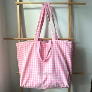 Reversible Canvas Tote Bag | Gingham and Solid Colors in Pink, Green, Cocoa | Spacious Weekend Bag | Beach Bag | Gift for Her | Summer Gift