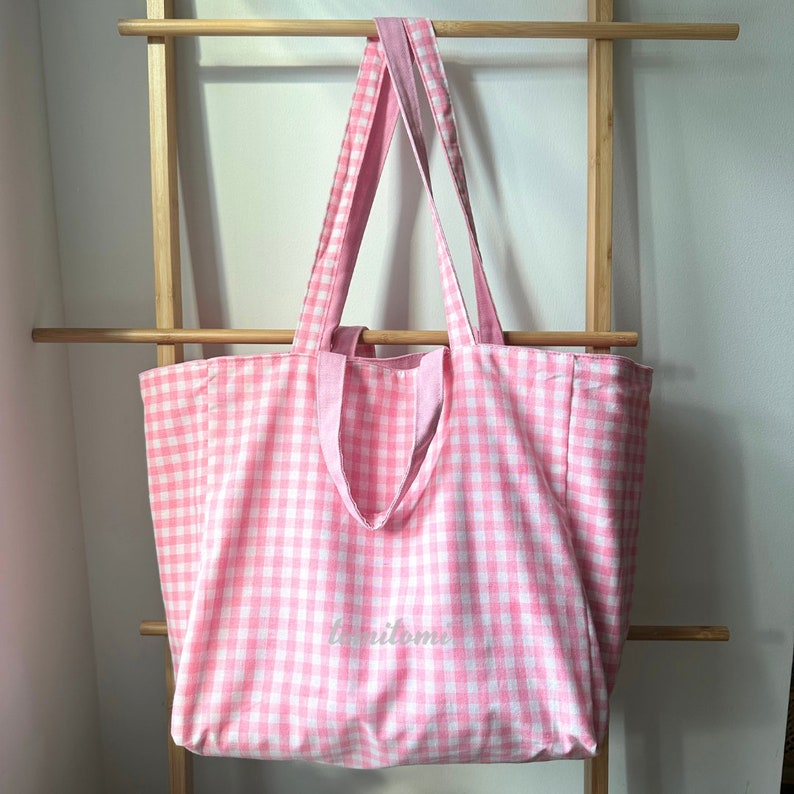 Reversible Canvas Tote Bag | Gingham and Solid Colors in Pink, Green, Cocoa | Spacious Weekend Bag | Beach Bag | Gift for Her | Summer Gift