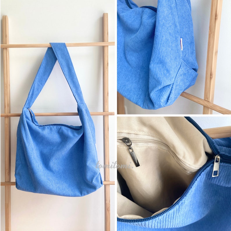 Cute Corduroy Tote Bag with Zipper and Inner pocket Retro tote bag Capsule Wardrobe Multiple Colors Wedding Gift For Her & Mom Blue