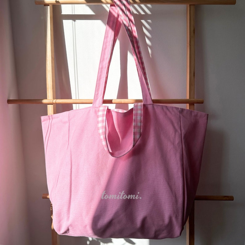 Reversible Canvas Tote Bag | Gingham and Solid Colors in Pink, Green, Cocoa | Spacious Weekend Bag | Beach Bag | Gift for Her | Summer Gift