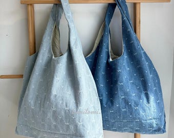 Denim Strandtasche mit gestickten Schleifen: Leichte HerbsttascheNeujahrsgeschenk