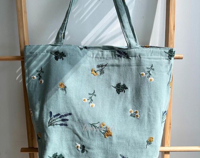 Boho Embroidered Floral Tote Bag | Sage Green Linen, Zippered