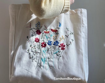 Borsa tote in tela con ricami floreali / Borsa a tracolla boho con tasche interne