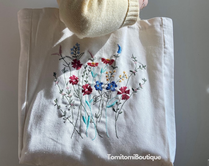 Embroidered Floral Canvas Tote Bag | Boho Shoulder Bag with Interior Pockets