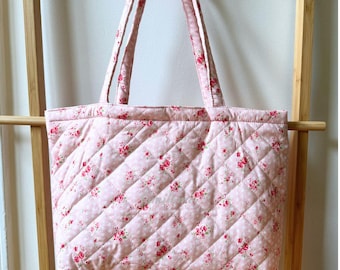 Pink Patchwork Floral Quilted Tote Bag | Cottagecore Cotton Shoulder Bag, Handmade Aesthetic Book Bag, Gift for Her