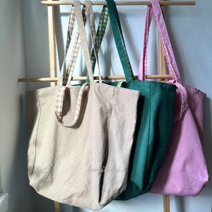 Reversible Canvas Tote Bag | Gingham and Solid Colors in Pink, Green, Cocoa | Spacious Weekend Bag | Beach Bag | Gift for Her | Summer Gift