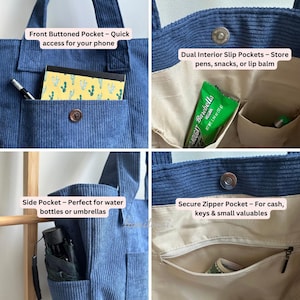 May include: A blue corduroy tote bag featuring a front buttoned pocket, dual interior slip pockets, a side pocket, and a secure interior zipper pocket. The bag includes text labels describing the pockets for phone, pens, snacks, and valuables.