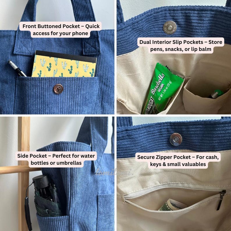 May include: A blue corduroy tote bag featuring a front buttoned pocket, dual interior slip pockets, a side pocket, and a secure interior zipper pocket. The bag includes text labels describing the pockets for phone, pens, snacks, and valuables.