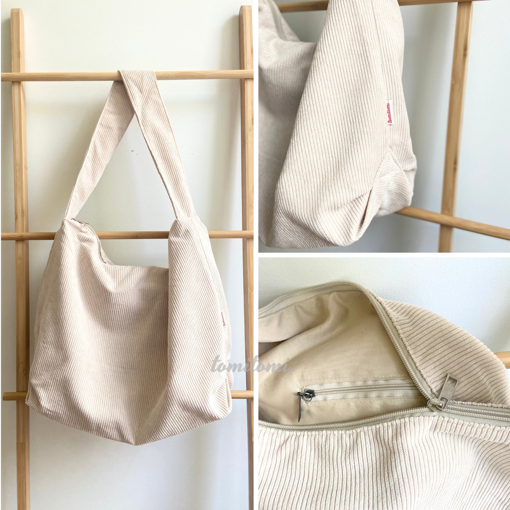 Retro Corduroy Tote Bag: Adjustable Strap, Zipper, Inner