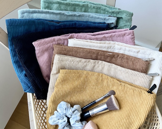 Corduroy Makeup Pouch | Zippered Cosmetic & Toiletry Bag, Multiple Colors