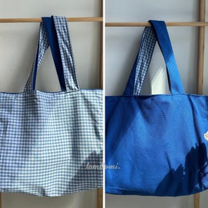Wendetasche aus Canvas | Gingham & Solid Colors, Geräumige Wochenend-Umhängetasche Klein Blue x Gingham