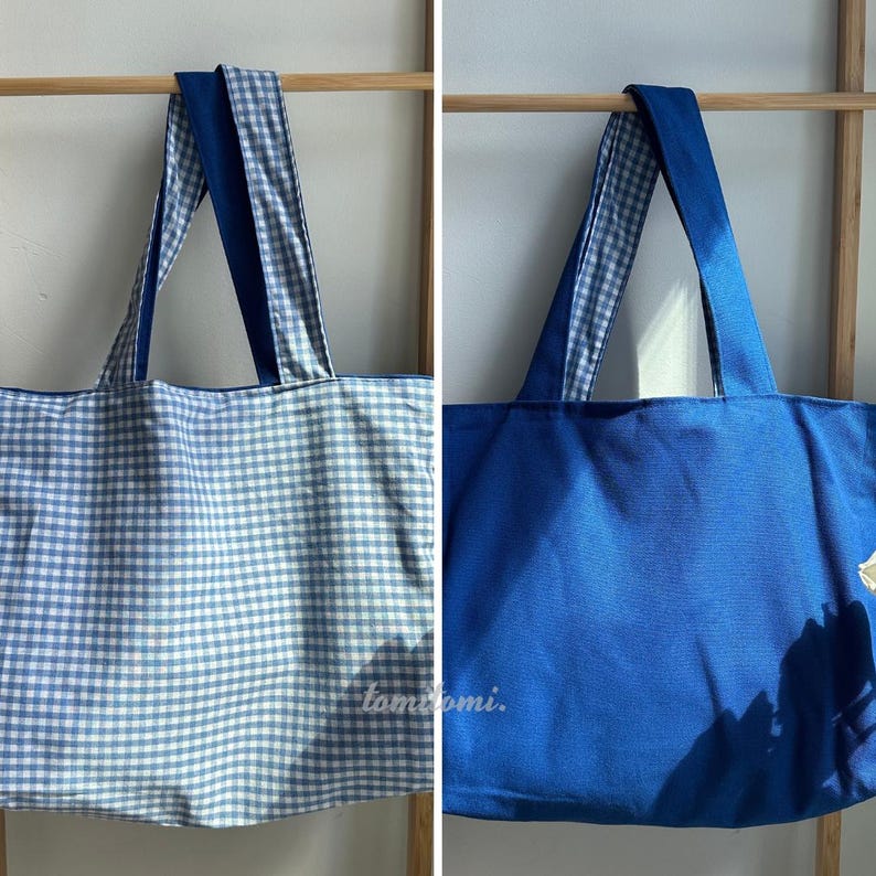 Wendetasche aus Canvas | Gingham & Solid Colors, Geräumige Wochenend-Umhängetasche Klein Blue x Gingham