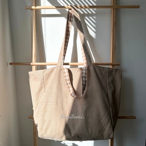 Reversible Canvas Tote Bag | Gingham and Solid Colors in Pink, Green, Cocoa | Spacious Weekend Bag | Beach Bag | Gift for Her | Summer Gift