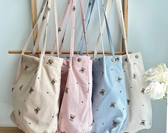 Corduroy draagtas met teddybeerprint | Zachte schoudertas, meerdere kleuren