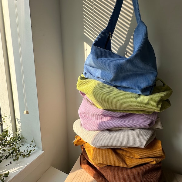 Joli sac fourre-tout en velours côtelé avec fermeture éclair et poche intérieure | Sac fourre-tout rétro | Armoire capsule | Plusieurs couleurs | Mariage | Cadeau pour elle