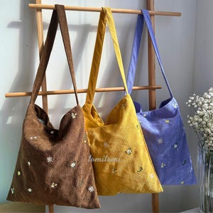 Bestickte Cord-Einkaufstasche - Süße Blumen Schultertasche mit Magnetverschluss & Innentasche | weiche lässige Alltagstasche | Geschenk für sie