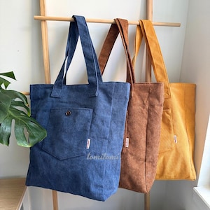 fourre-tout en velours côtelé de qualité supérieure | Marron gingembre bleu marine | Sac à bandoulière de tous les jours avec porte-bouteille, poche à fermeture éclair, bouton-pression magnétique | Retour à l'école