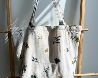 Cream Embroidered Floral Canvas Tote Bag | Zipper & Inner Pockets