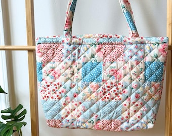 Patchwork Floral Quilted Tote Bag | Cottagecore Cotton Shoulder Bag, Shabby Chic Handmade Market Bag, Gift for Her