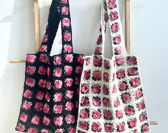 Hand-Knitted Floral Tote Bag: Granny Square Crochet Purse