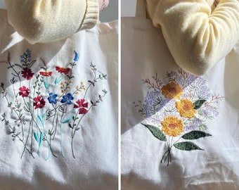 Stylish Embroidered Floral Tote Bag | Daisy and Multiples Flowers Design | Hidden Inner Pocket | Durable Canvas Material | Gift For Her