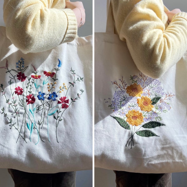 Stylish Embroidered Floral Tote Bag | Daisy and Multiples Flowers Design | Hidden Inner Pocket | Durable Canvas Material | Gift For Her