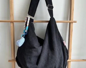Borsa a tracolla in velluto a coste nero con cerniera / Stile retrò, tasca interna