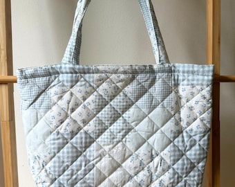 Quilted Blue Gingham Patchwork Tote Bag | Handmade Cottagecore Shoulder Bag with Pockets | Large Floral Market Bag | Aesthetic Gift for Her