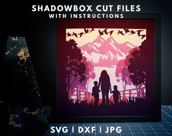 Mountain Lake Shadowbox Template SVG, Mom of 2 Shadow Papercut, Paper Light Box Template Nature Scene, 3D Papercut Lightbox Svg File Cricut