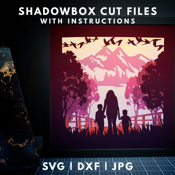 Mountain Lake Shadowbox Template SVG, Mom of 2 Shadow Papercut, Paper Light Box Template Nature Scene, 3D Papercut Lightbox Svg File Cricut