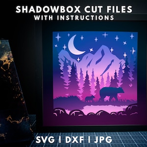 Mama Bear Shadowbox SVG Modèle, Bear Family Light Box Svg, 3D Paper Art Forest Svg, Ourson dans Forest Mountain Shadow Box Cricut Svg