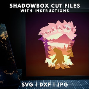 Bigfoot Shadowbox SVG Template, 3D Cardstock Bigfoot Layered Cut File, Sasquatch Scene Shadow Box, Yeti Forest Light Box Template DXF JPG