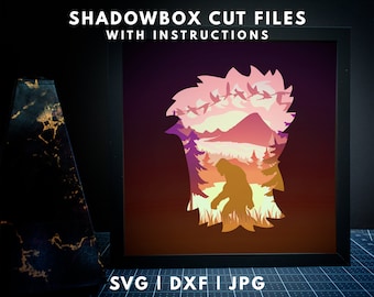 Bigfoot Shadowbox SVG Template, 3D Cardstock Bigfoot Layered Cut File, Sasquatch Scene Shadow Box, Yeti Forest Light Box Template DXF JPG