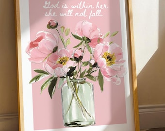 Pink Floral God is Within Her Christian Home Decor: Bible Verse Wall Art